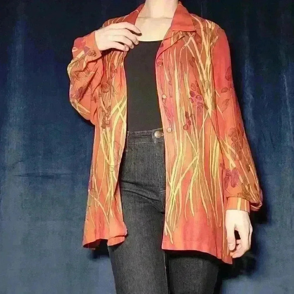 Vintage 90s  orange autumn leaves flowy button-up shirt - Picture 4 of 16